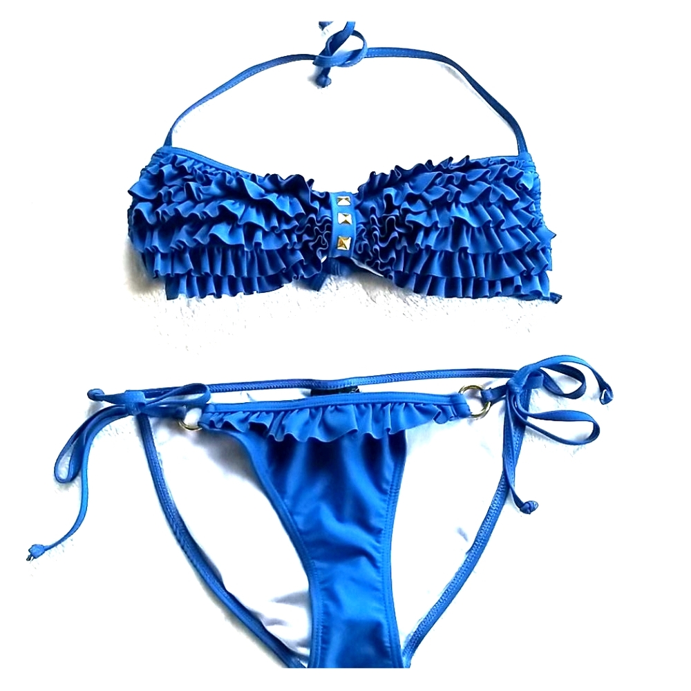 Plunge Solid Blue Ruffle 2pc. Bikini/ swimsuit